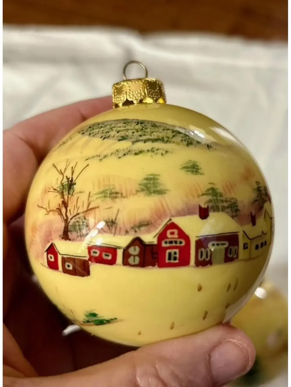 Vintage Hand-Painted Yellow Glass Christmas Ornaments Set of 2
